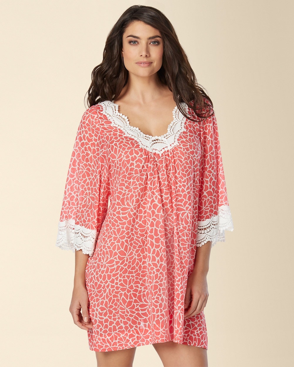 Oscar de la Renta Mosaic Petals Short Cotton Nightgown Apricot Print