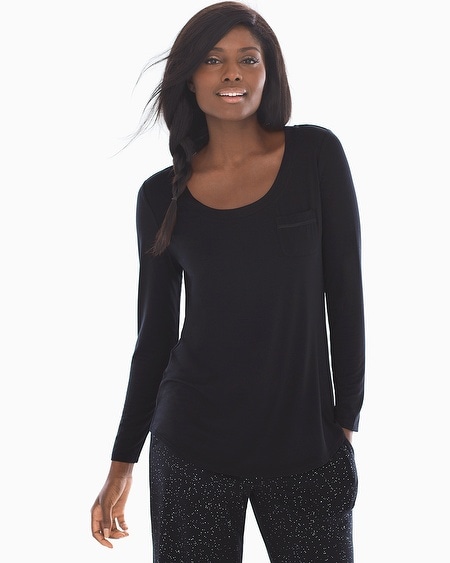 Long Sleeve Satin Pocket Pajama Tee Black
