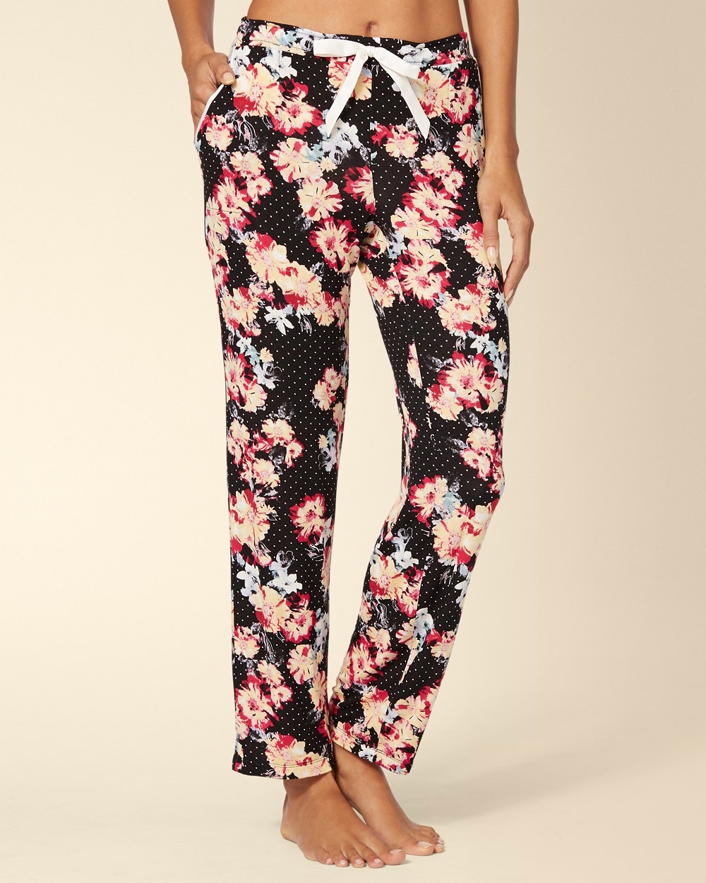 Embraceable Cool Nights Drawstring Ankle Pajama Pant Dotted Floral Black