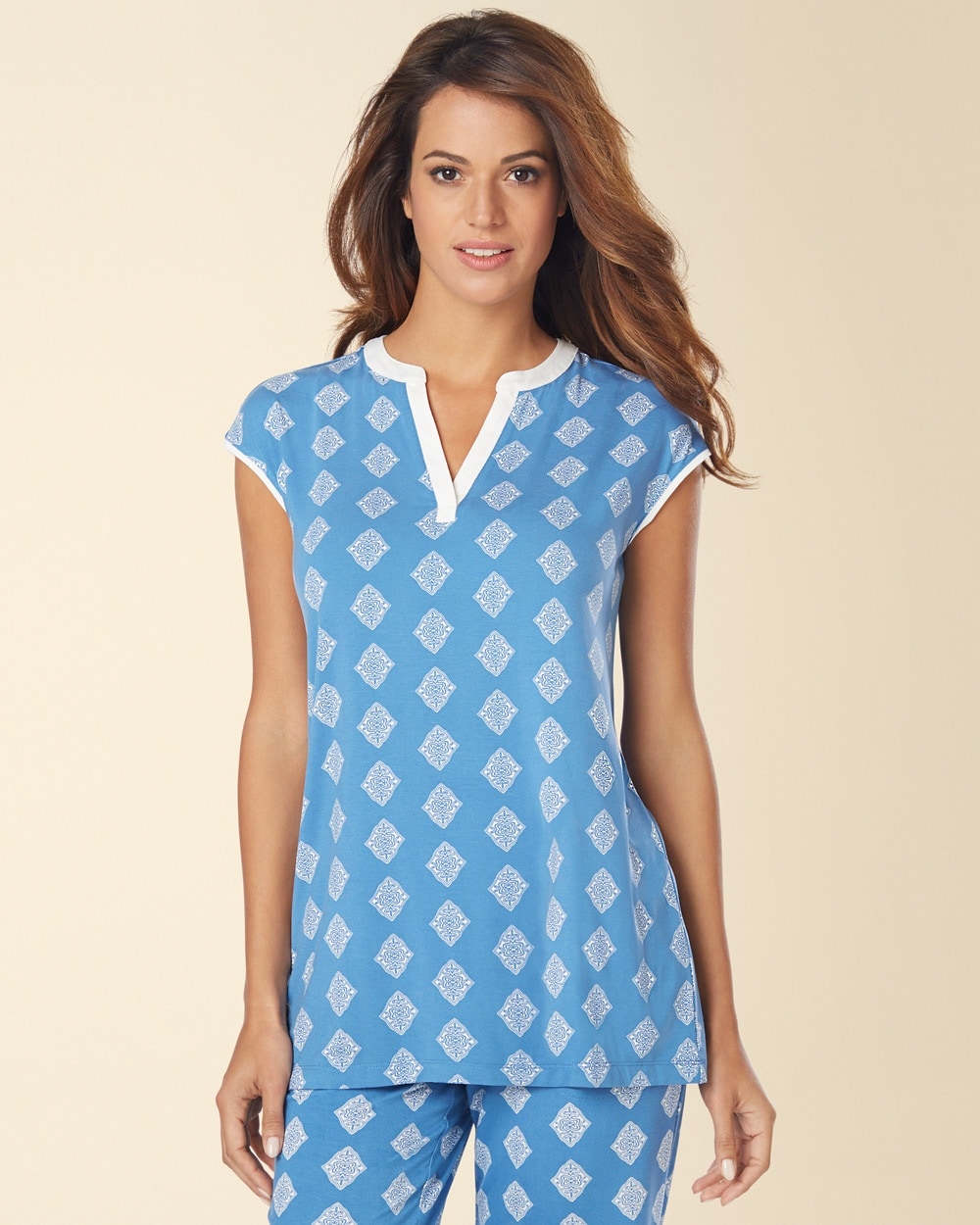 Embraceable Cool Nights Cap Sleeve Popover Pajama Top Elegant Geo Indigo