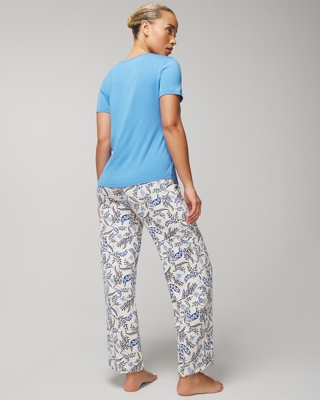 Shop Soma Women's Cool Nights Short Sleeve Sleep Top + Pajama Pants Set In Blue Size Large |  In Serene Sprigs Ivory