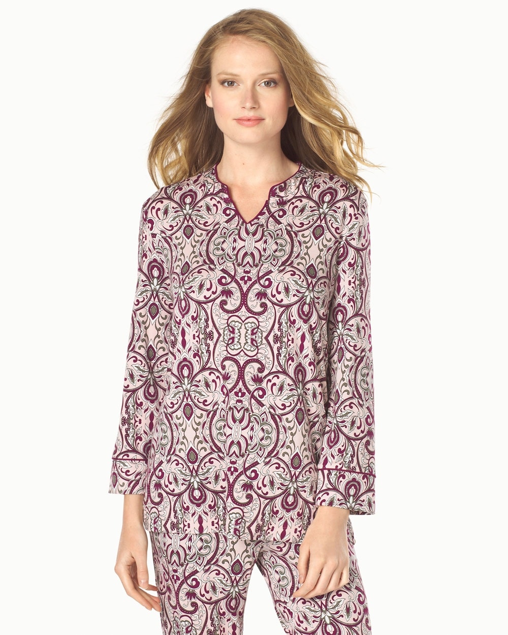 Embraceable Cool Nights Long Sleeve Popover Pajama Top Femme Scroll Pink Romance