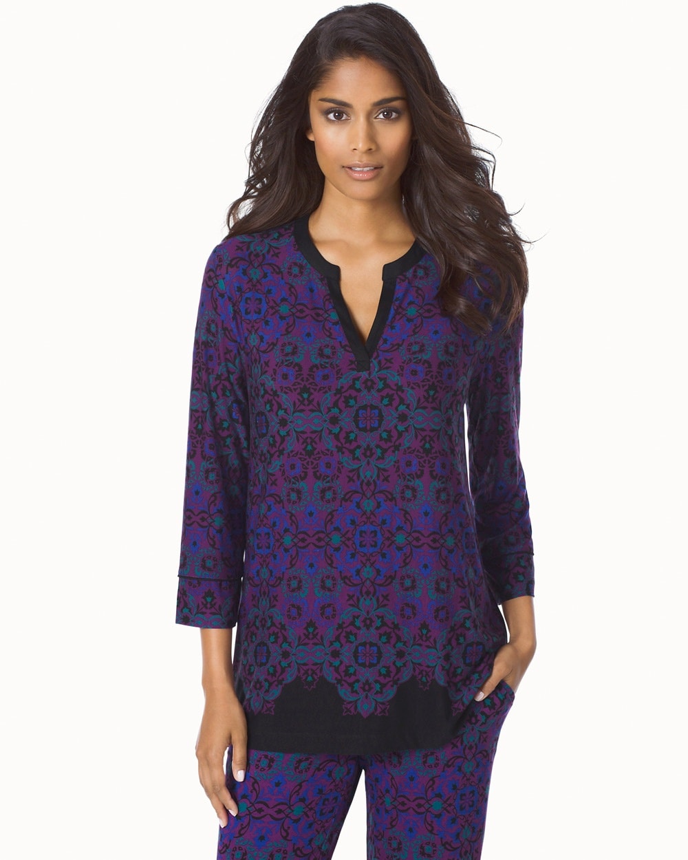 Embraceable Cool Nights 3/4 Sleeve Popover Pajama Top Stately Majestic Border