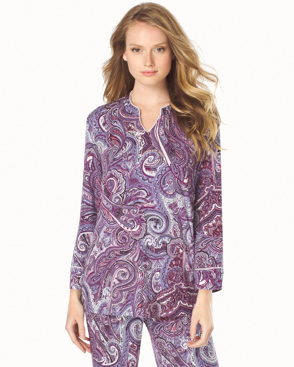 Embraceable Cool Nights Long Sleeve Mandarin Popover Pajama Top Fanciful Scroll Grape
