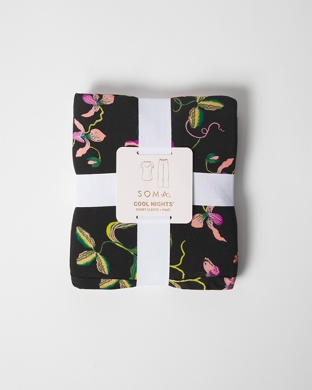 Shop Soma Women's Cool Nights Short Sleeve Sleep Top + Pajama Pants Set In Black Size Xs |  In Blissful Butterflies Blac