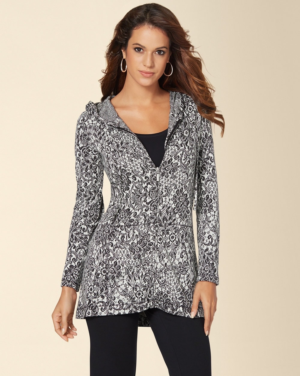 French Terry Jacquard Swing Hoodie Opulent Lace Jacquard