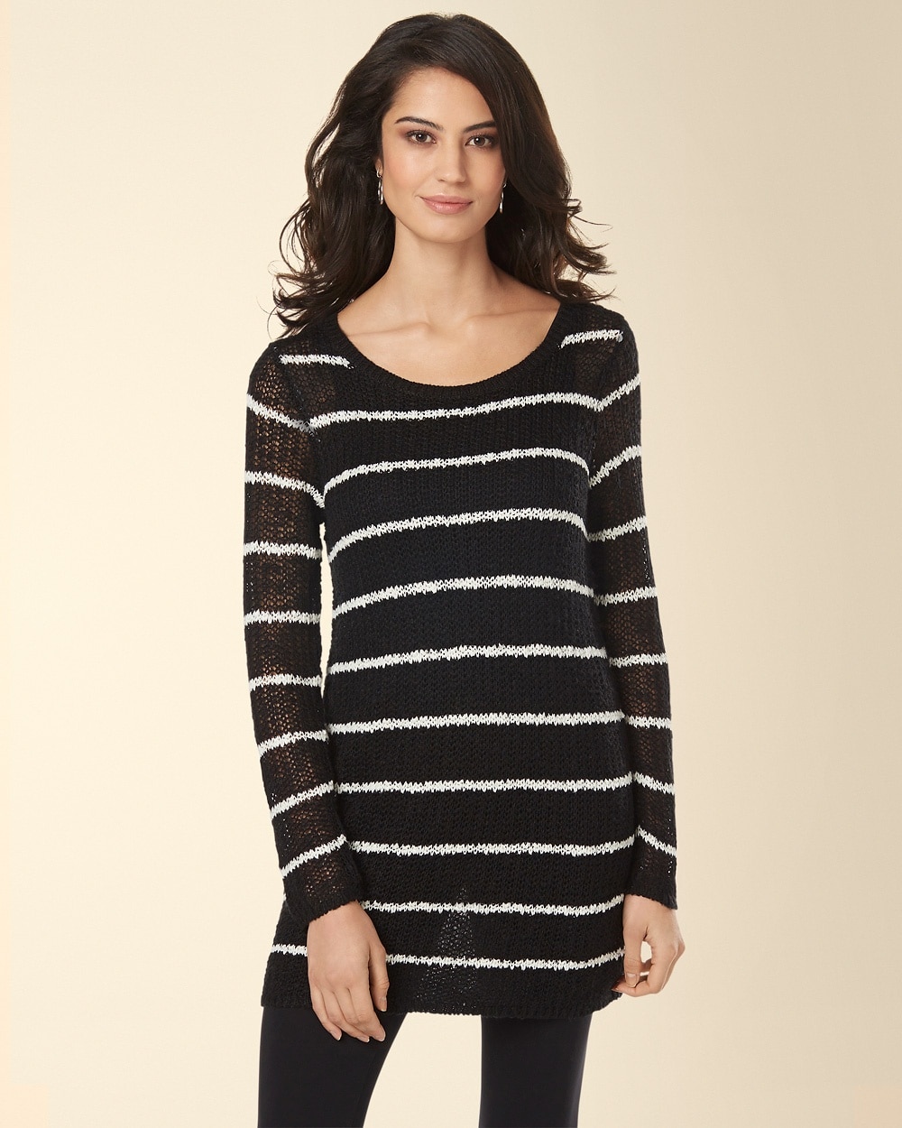 Long Sleeve Open Work Sweater Tunic Black with White Stripe
