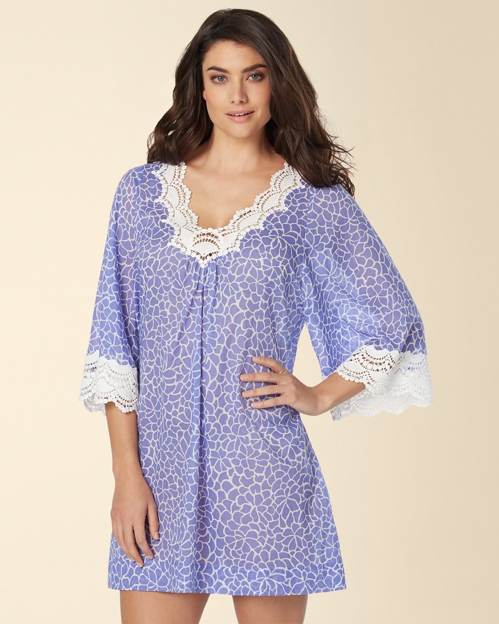 Oscar de la Renta Mosaic Petals Short Cotton Nightgown Blue Lily Print