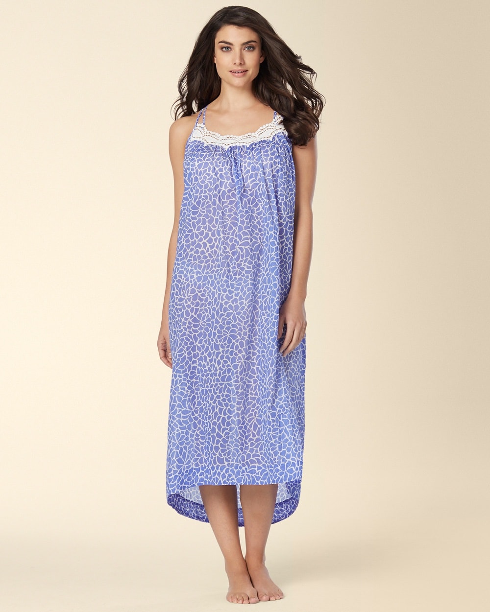 Oscar de la Renta Mosaic Petals Long Cotton Nightgown Blue Lily Print