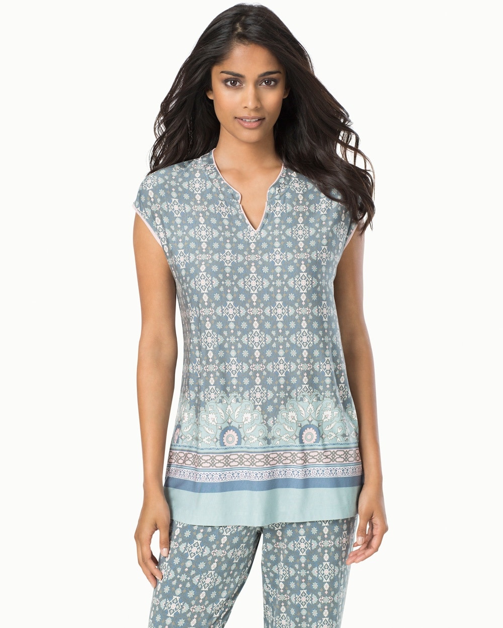 Embraceable Cool Nights Short Sleeve Pajama Top Mandarin Popover Deco Slate Blue Border