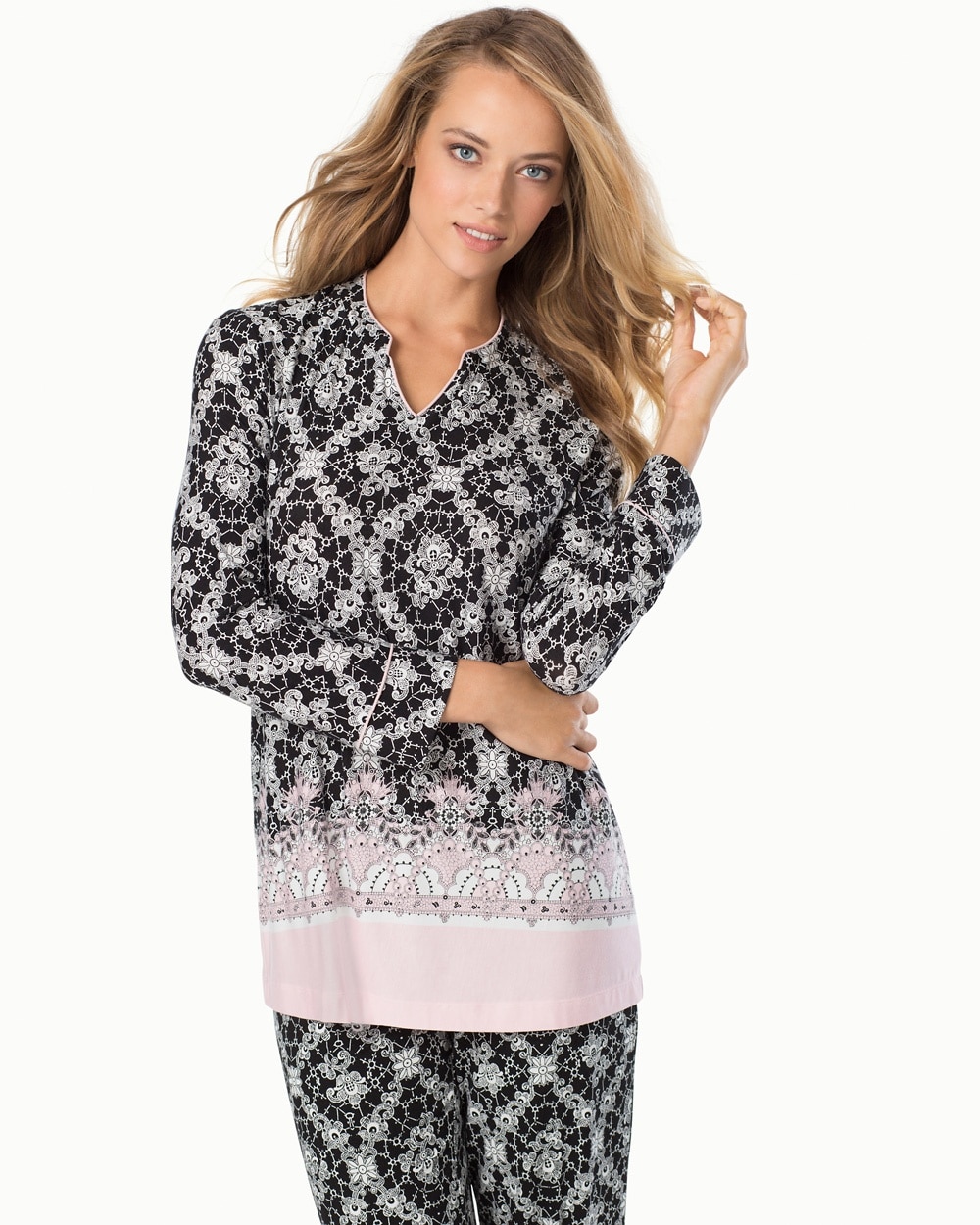 Embraceable Cool Nights Long Sleeve Popover Pajama Top Nouveau Border Black