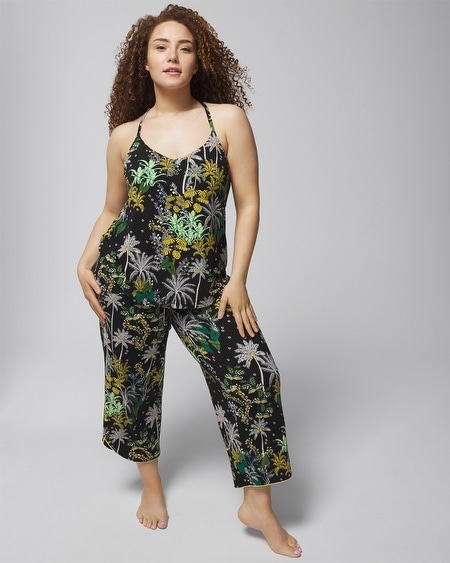 Soma Women's Cool Nights Lace Cami Pajama Top In Black Size Xl | Pajama Sets In Oasis Palms Black/ws