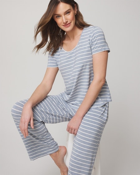 Shop Soma Women's Cool Nights Short Sleeve Sleep Top + Pajama Pants Set In Blue Size Small |  In Serene Sprigs Ivory