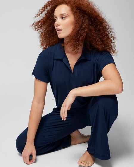 Shop Soma Women's Cool Nights Split-neck Short Sleeve T-shirt In Navy Blue Size Xs |  In Nightfall Navy Blue