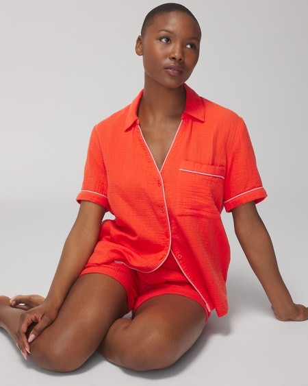 SOMA WOMEN'S COTTON GAUZE SHORT SLEEVE PAJAMA TOP IN RED SIZE XS | SOMA PAJAMA SETS 
