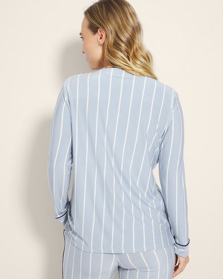SOMA WOMEN'S COOL NIGHTS PIPED LONG SLEEVE PAJAMA TOP IN BLUE SIZE LARGE | SOMA PAJAMA SETS