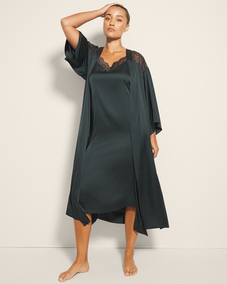 Soma Women's Satin Lace Long Robe In Green Size Large/xl | In Dark Everglade