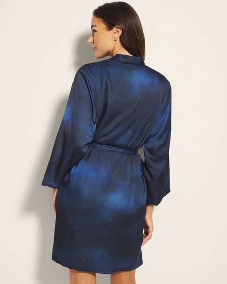 Soma Women's Satin Reversible Short Robe With Plush Interior In Blue Size Small |  In Drift Asleep Midnight