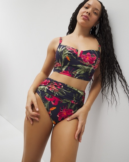 Soma Women's Swim Ruched High-waist Bikini Bottom In Navy Blue Size Small In Le Tigre Tropical Navy