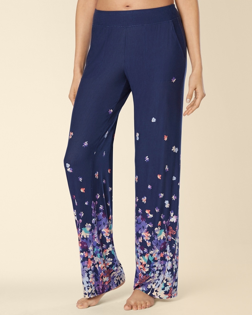 Embraceable Cool Nights Pajama Pants Floral Vine Navy Border