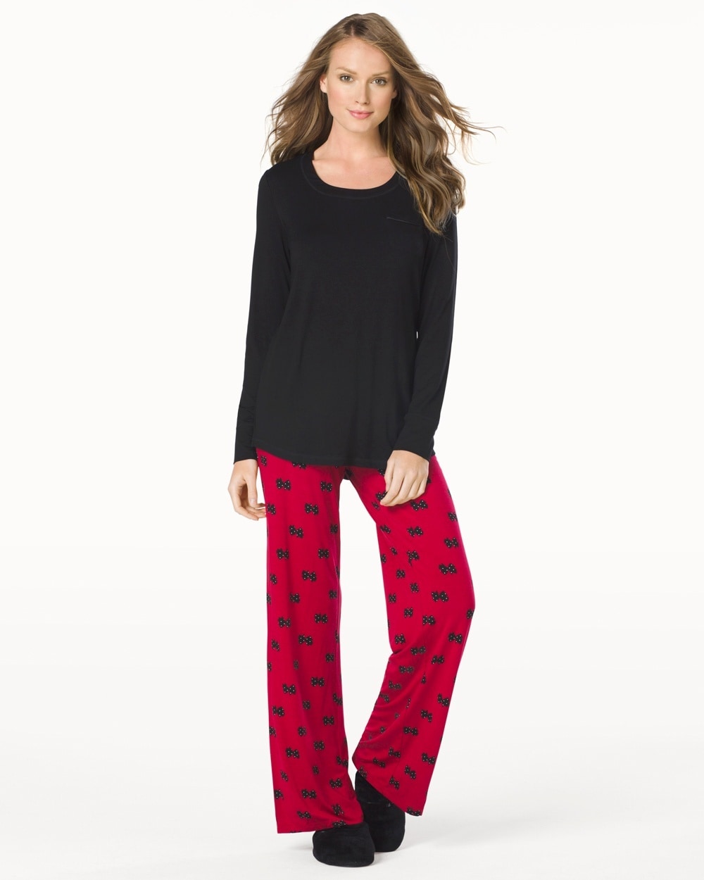 Embraceable Cool Nights Long Sleeve Pajama Pant Set Mini Bows Black