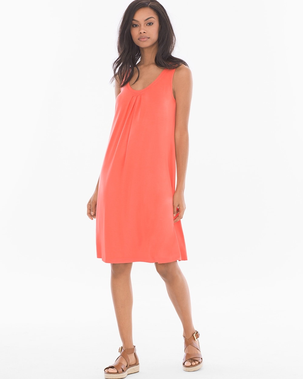 Sleeveless Pleat Front Short Dress Vivid Coral