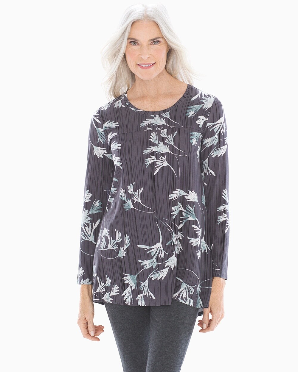 Soft Jersey Long Sleeve Yoke Tunic Modern Brush Floral Gray