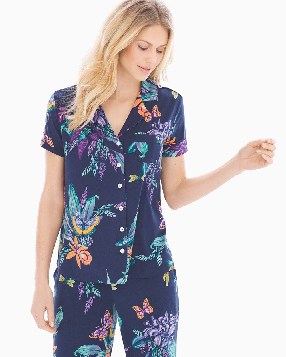 Cool Nights Short Sleeve Notch Collar Pajama Top Exotic Floral Navy