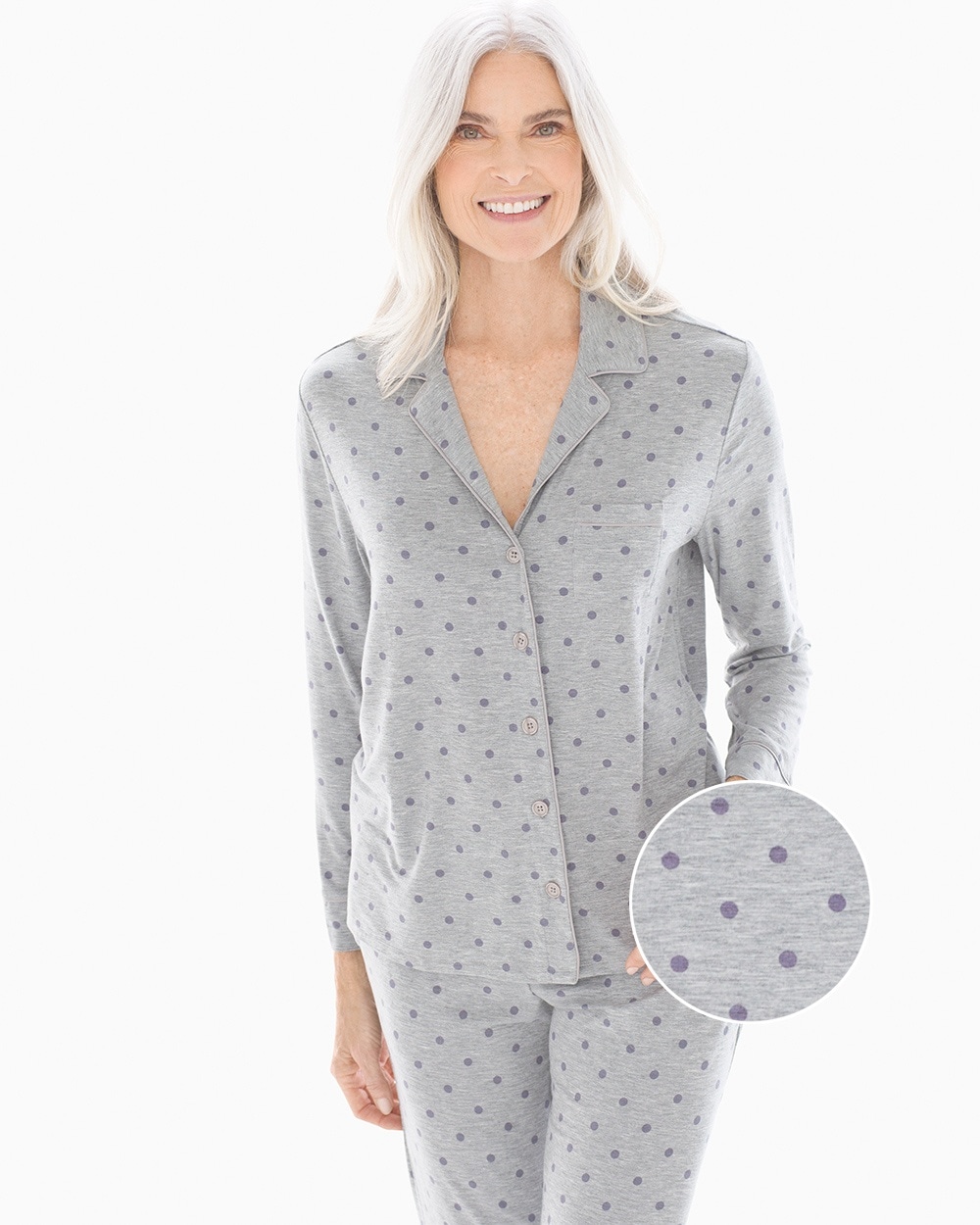 Cool Nights Long Sleeve Notch Collar Pajama Top Winsome Dot Opal Gray