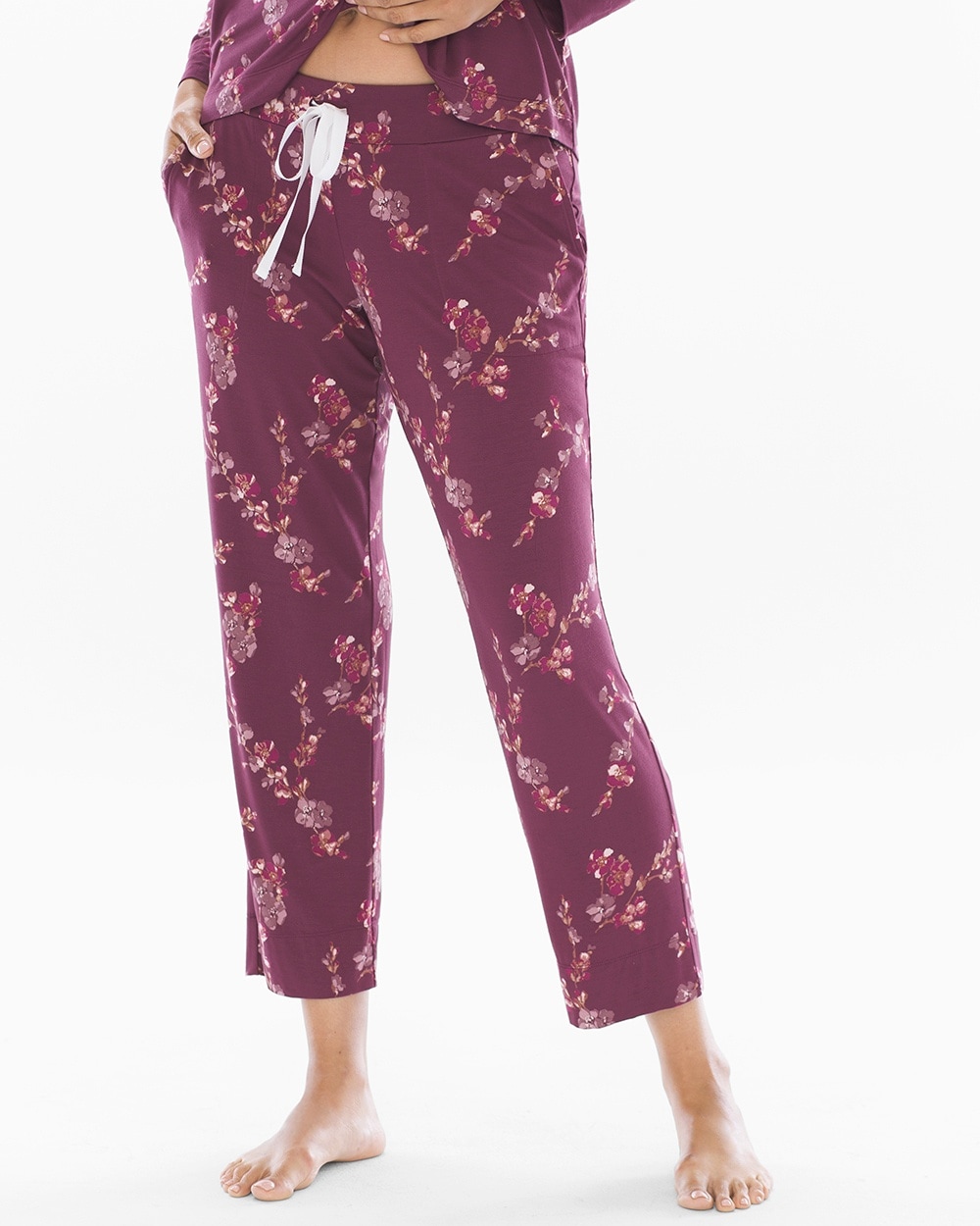 Cool Nights Grosgrain Trim Ankle Pajama Pants Twilight Branches Merlot