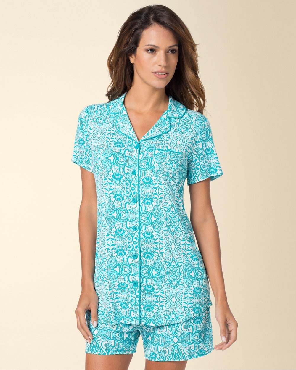 Embraceable Cool Nights Short Sleeve Pajama Top Lacy Floral Viridian