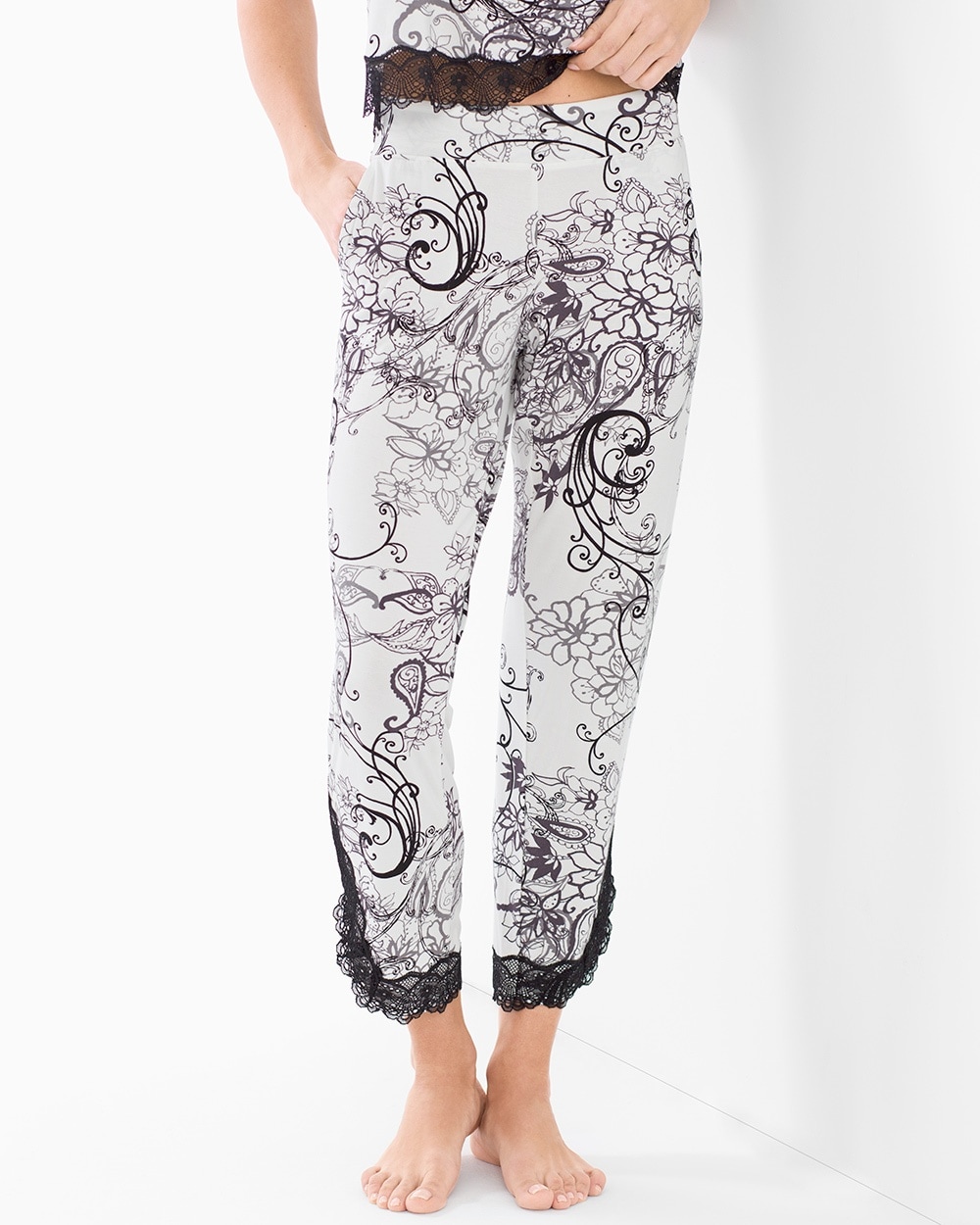 Cool Nights Lace Trim Ankle Pajama Pants Filigree Scroll Ivory