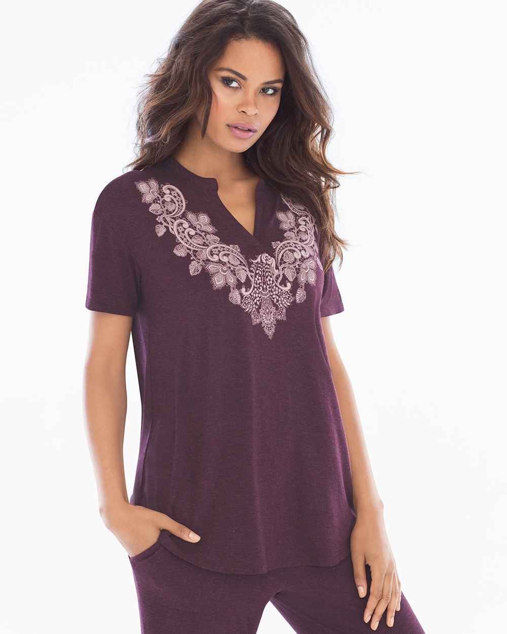 Cool Nights Pop Over Pajama Top Luscious Lace Placement Marsala