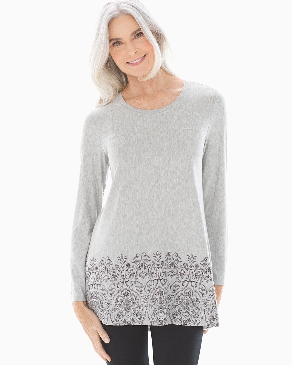 Soft Jersey Long Sleeve Yoke Tunic Border Heather Frost