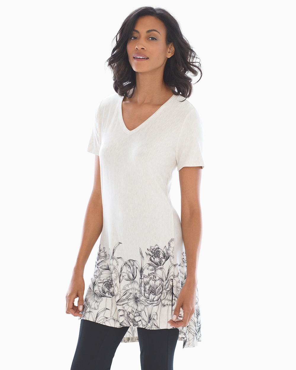 Style Essentials Soft Jersey Short Sleeve Tunic Tee Fine Lotus Lineborder Heather