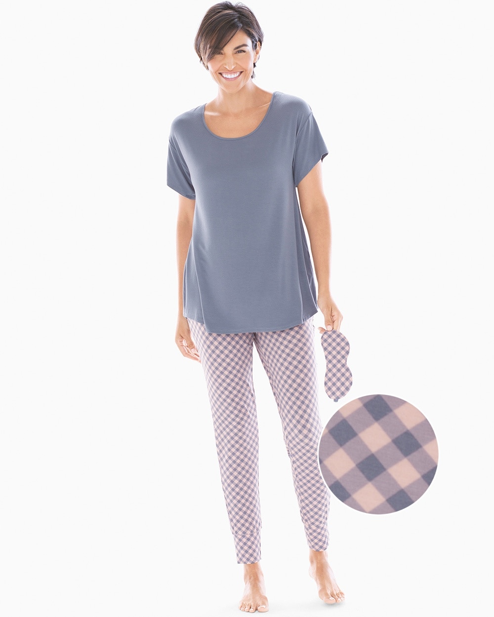 Cool Nights Short Sleeve Banded Ankle Pajama Set With Eye Mask Plaid with Mystery Blue