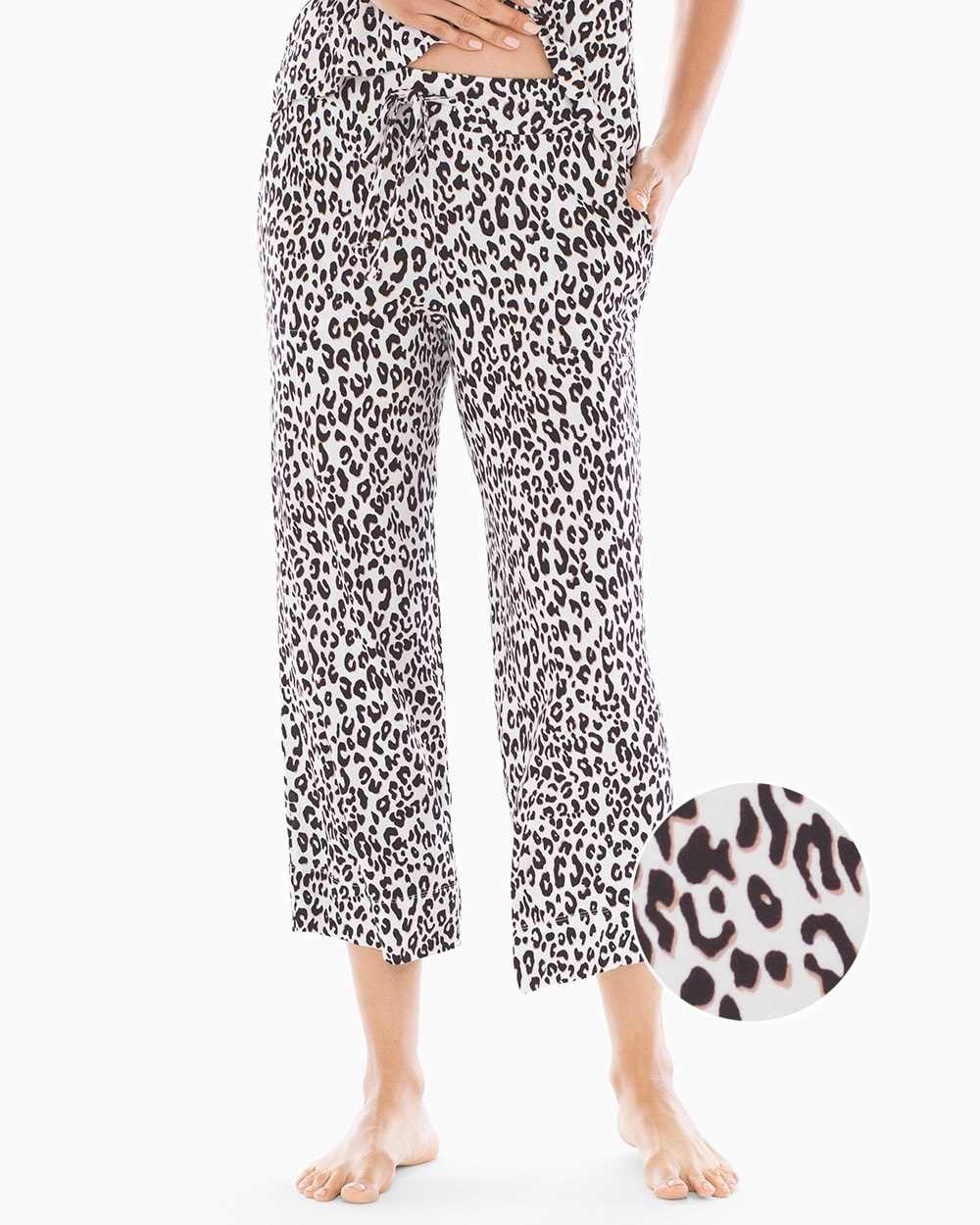 Cool Nights Grosgrain Trim Crop Pajama Pants Leopard Mini Ivory
