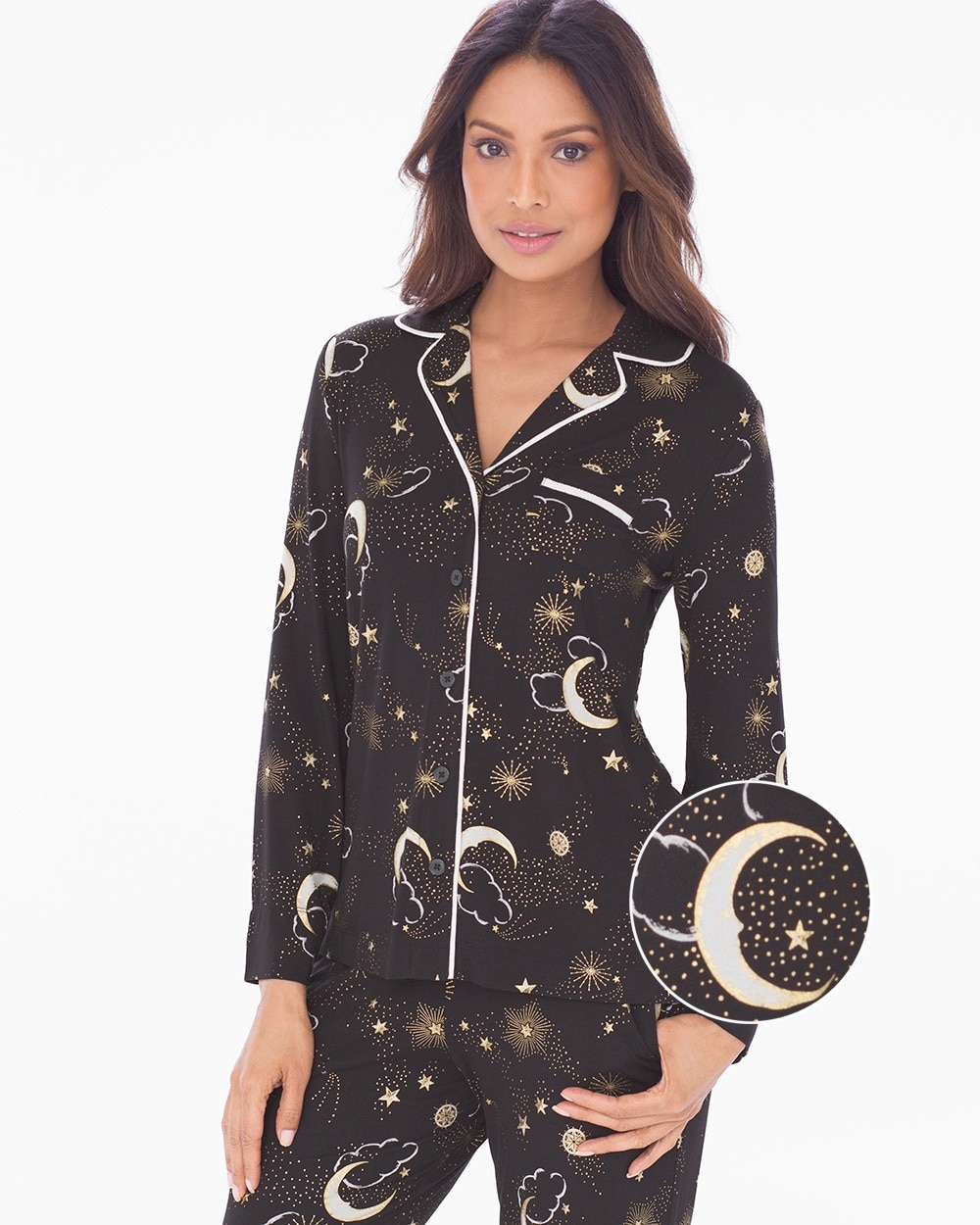 Cool Nights Long Sleeve Grosgrain Trim Notch Collar Pajama Top Mystical Moons Black
