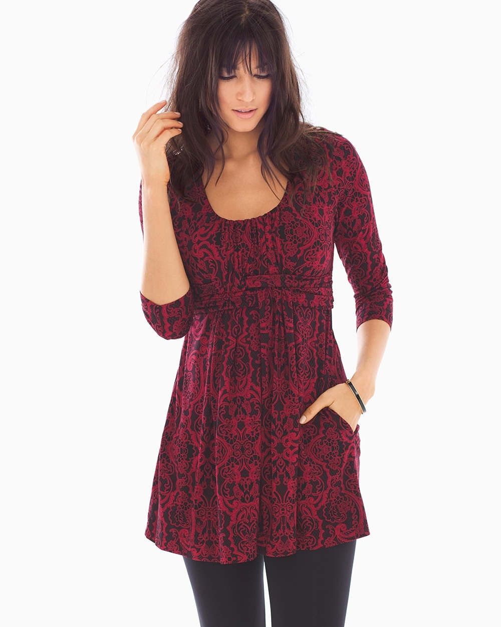 Live. Lounge. Wear. Soft Jersey Wrapped Waist Tunic Artist Scroll Allover Red