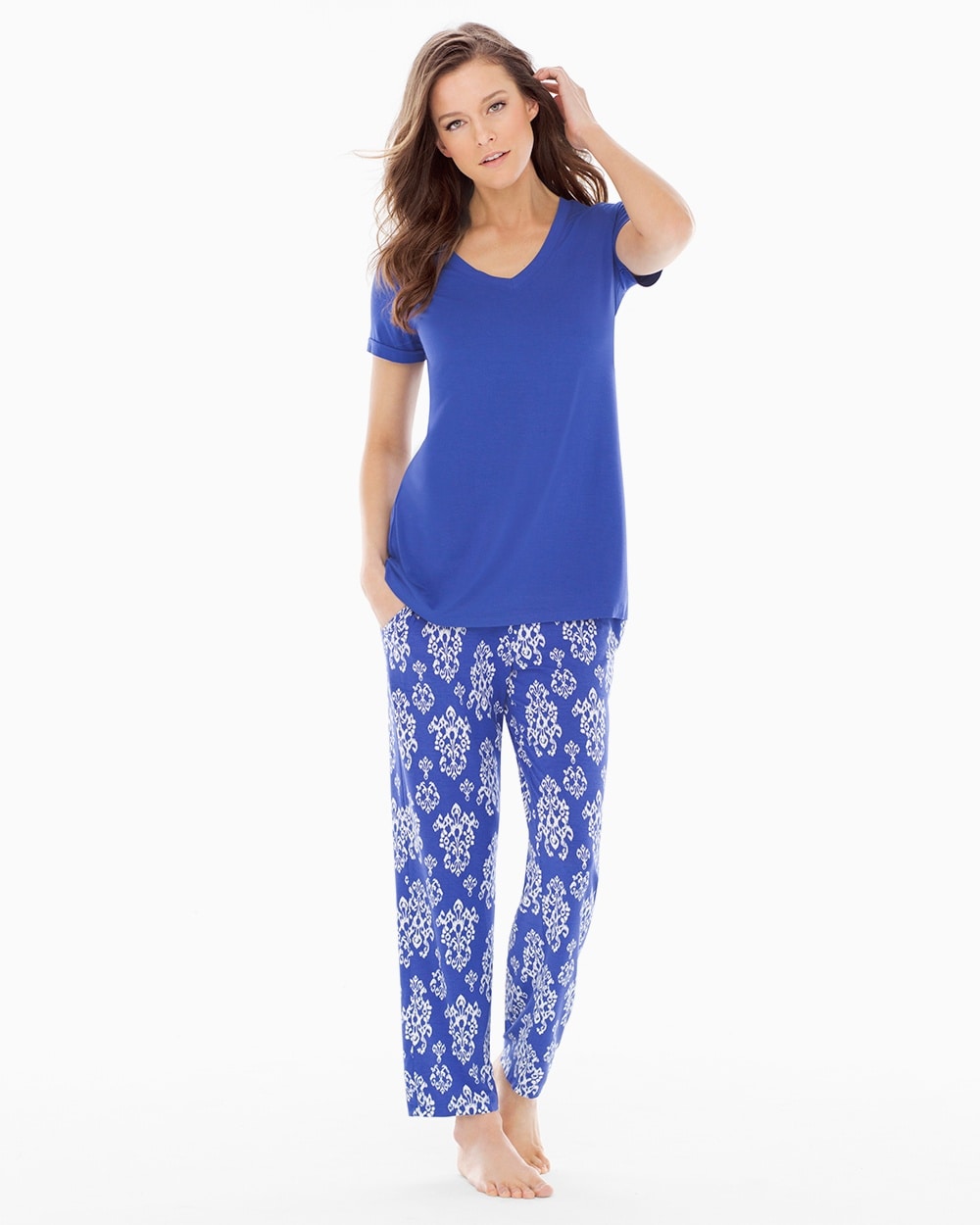 Cool Nights Ankle Pants Pajama Set Bold Ikat Jewel Blue