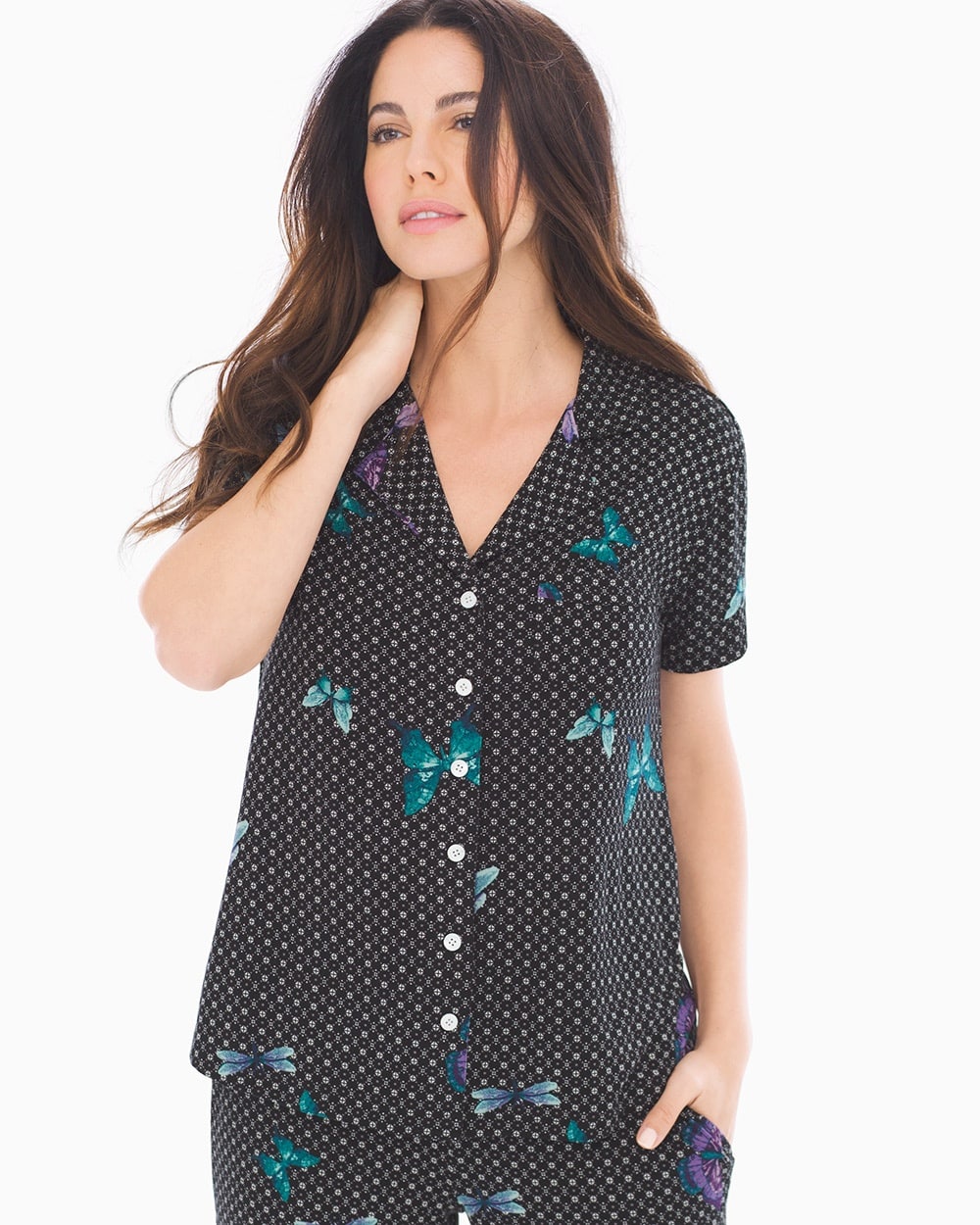 Cool Nights Short Sleeve Notch Collar Pajama Top Exotic Butterfly Black