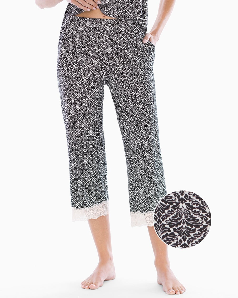 Cool Nights Lace Trim Crop Pajama Pants Finery Tile Black