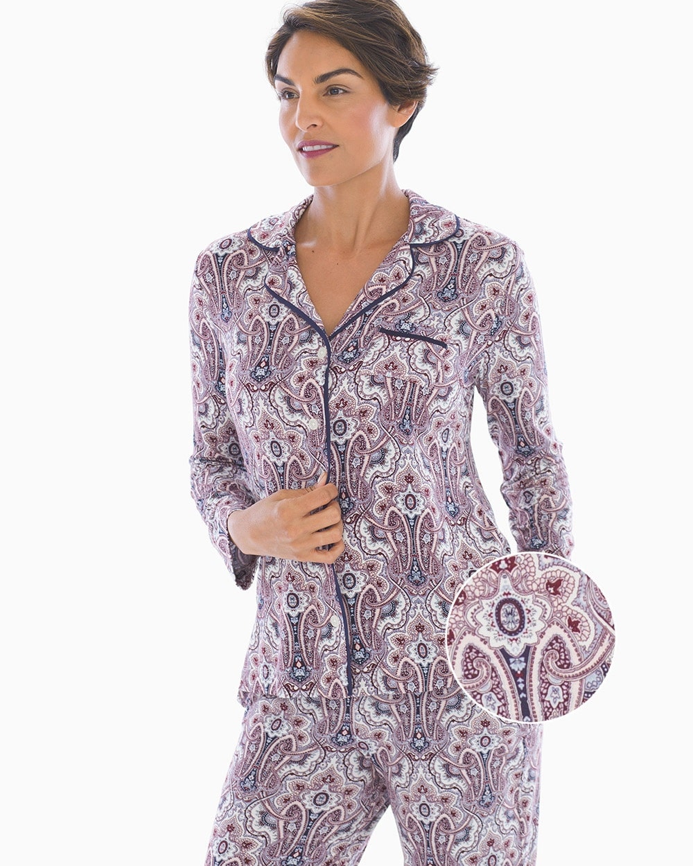 Cool Nights Long Sleeve Grosgrain Trim Notch Collar Pajama Top Angelic Paisley