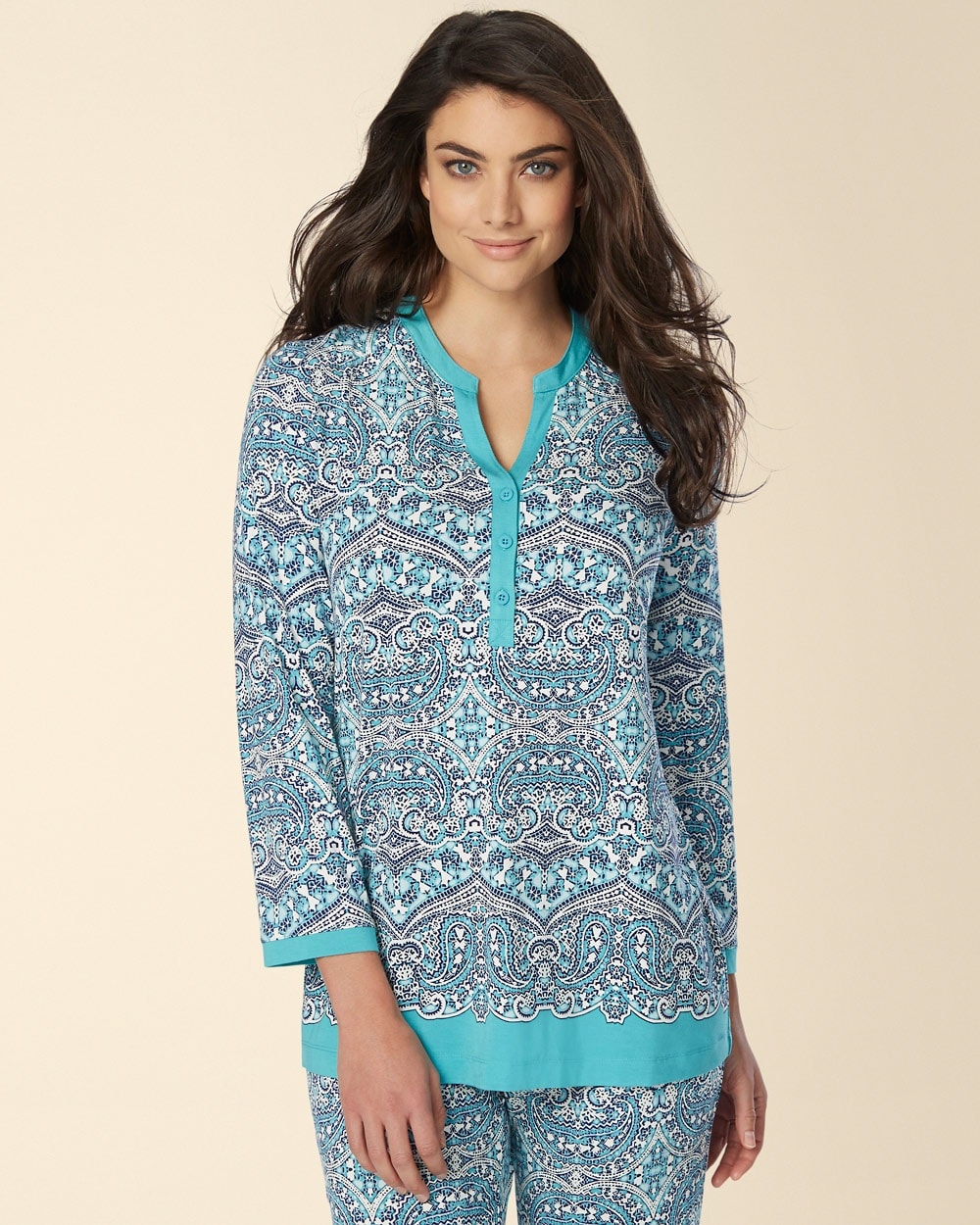 Embraceable Cool Nights Long Sleeve Pop Over Pajama Top Mosaic Paisley Border