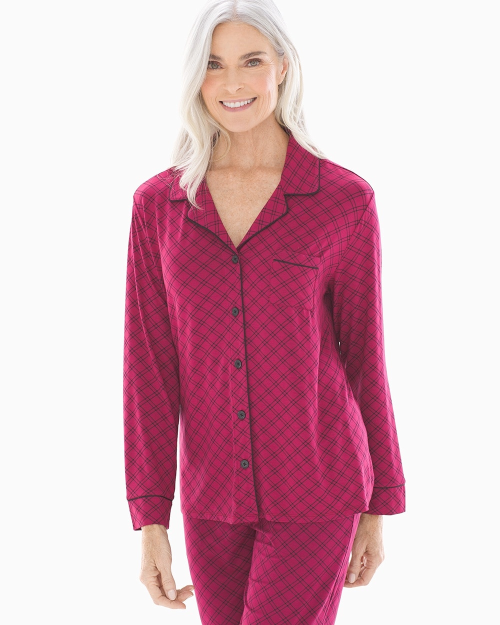 Cool Nights Long Sleeve Notch Collar Pajama Top Weekend Plaid Cranberry