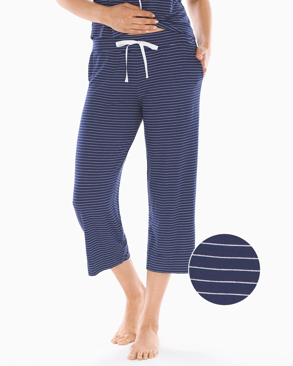 Cool Nights Grosgrain Trim Crop Pajama Pants Journey Stripe Navy White