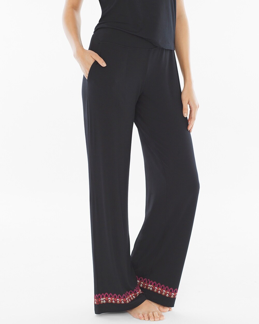Embraceable Cool Nights Tall Pajama Pants Frolic Embroidered Border Black