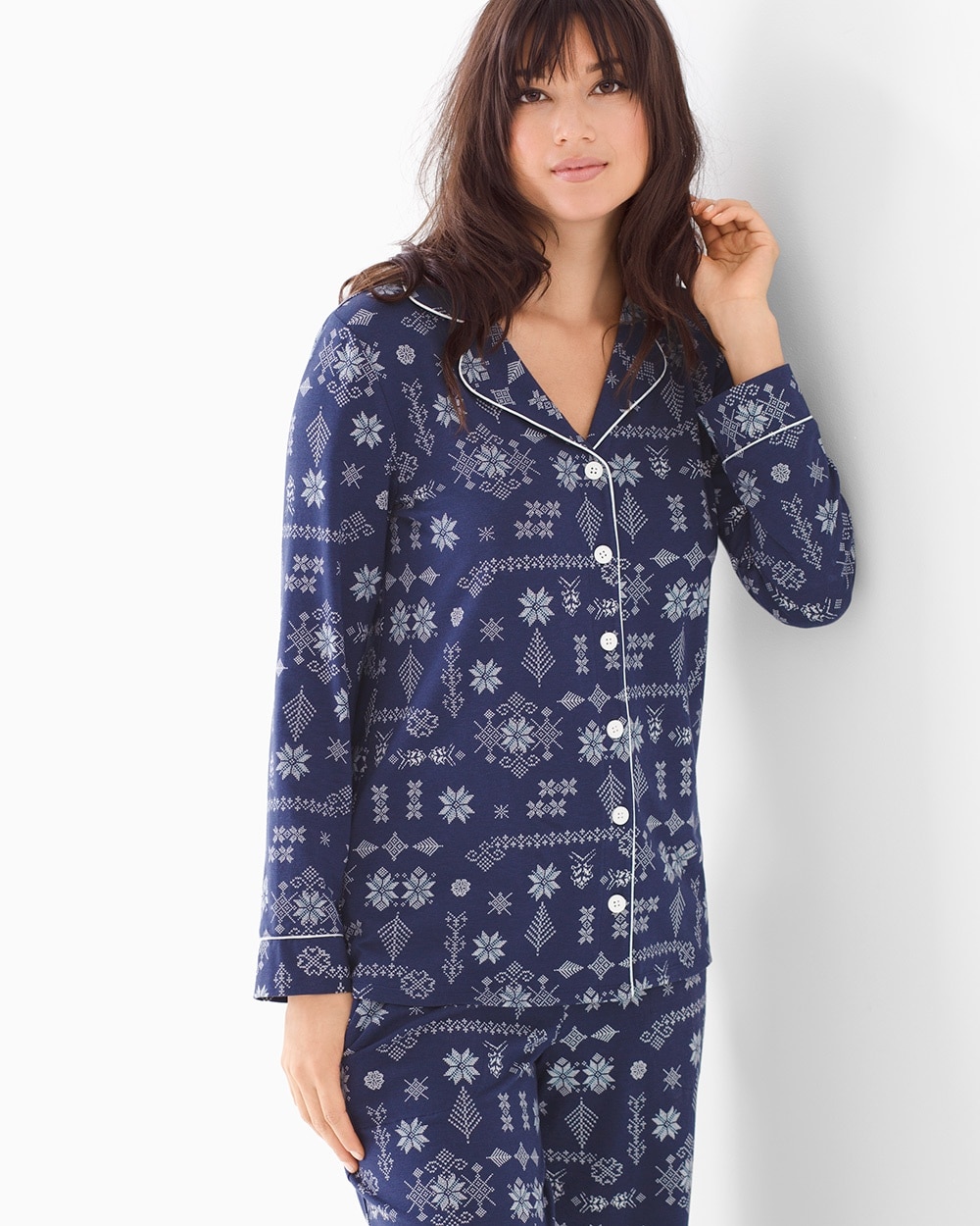 Embraceable Long Sleeve Notch Collar Pajama Top Alpine Stitch Navy