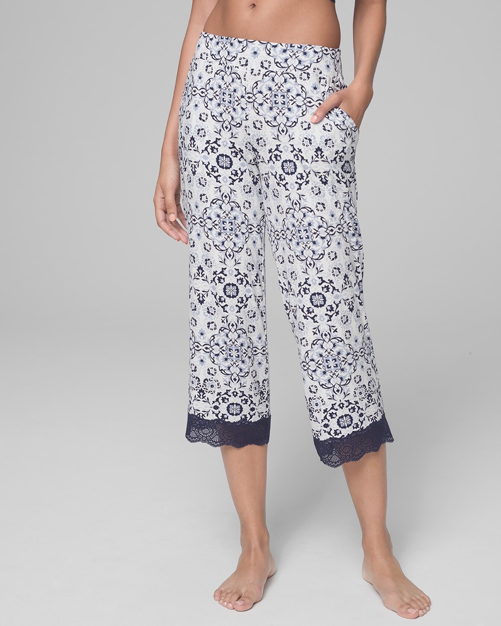 Cool Nights Lace Trim Crop Pajama Pants Stately Ivory Navy