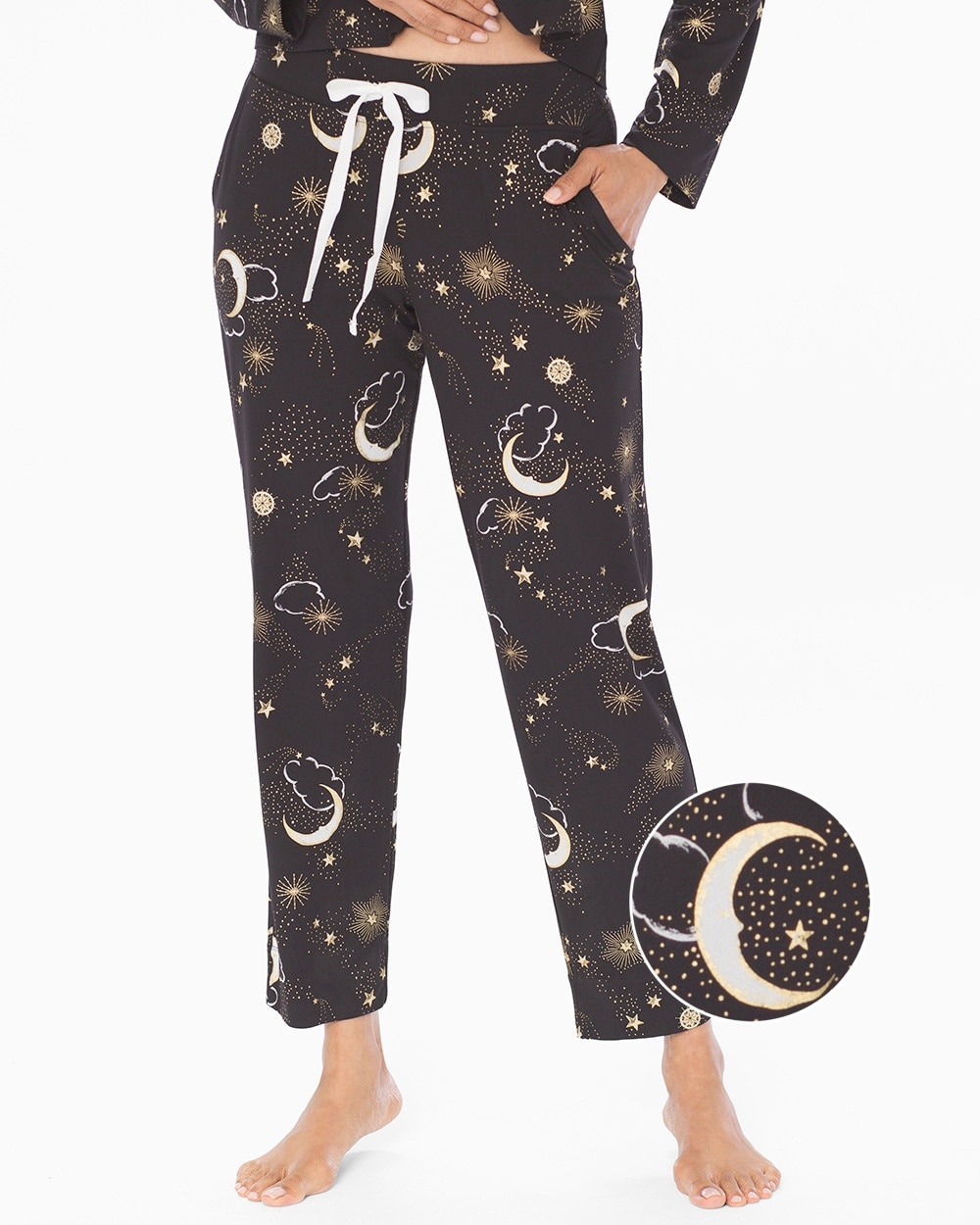 Cool Nights Grosgrain Trim Ankle Pajama Pants Mystical Moons Black